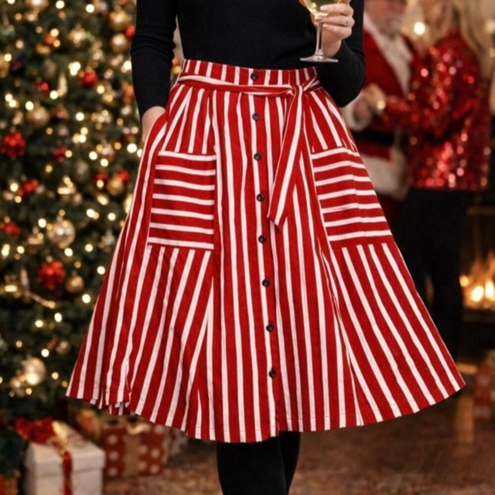 METRO WEAR | Red White‎ Skirt Stripe Striped Front Pockets A-line Bow | Medium